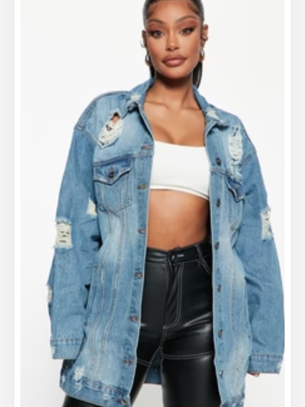 Fashion Nova Distressed Medium Wash Denim Jacket